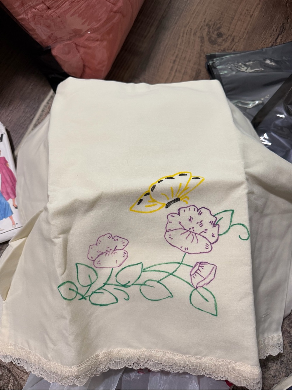 Pattern stamped for embroidery Cream Pillowcase with Floral & Butterfly